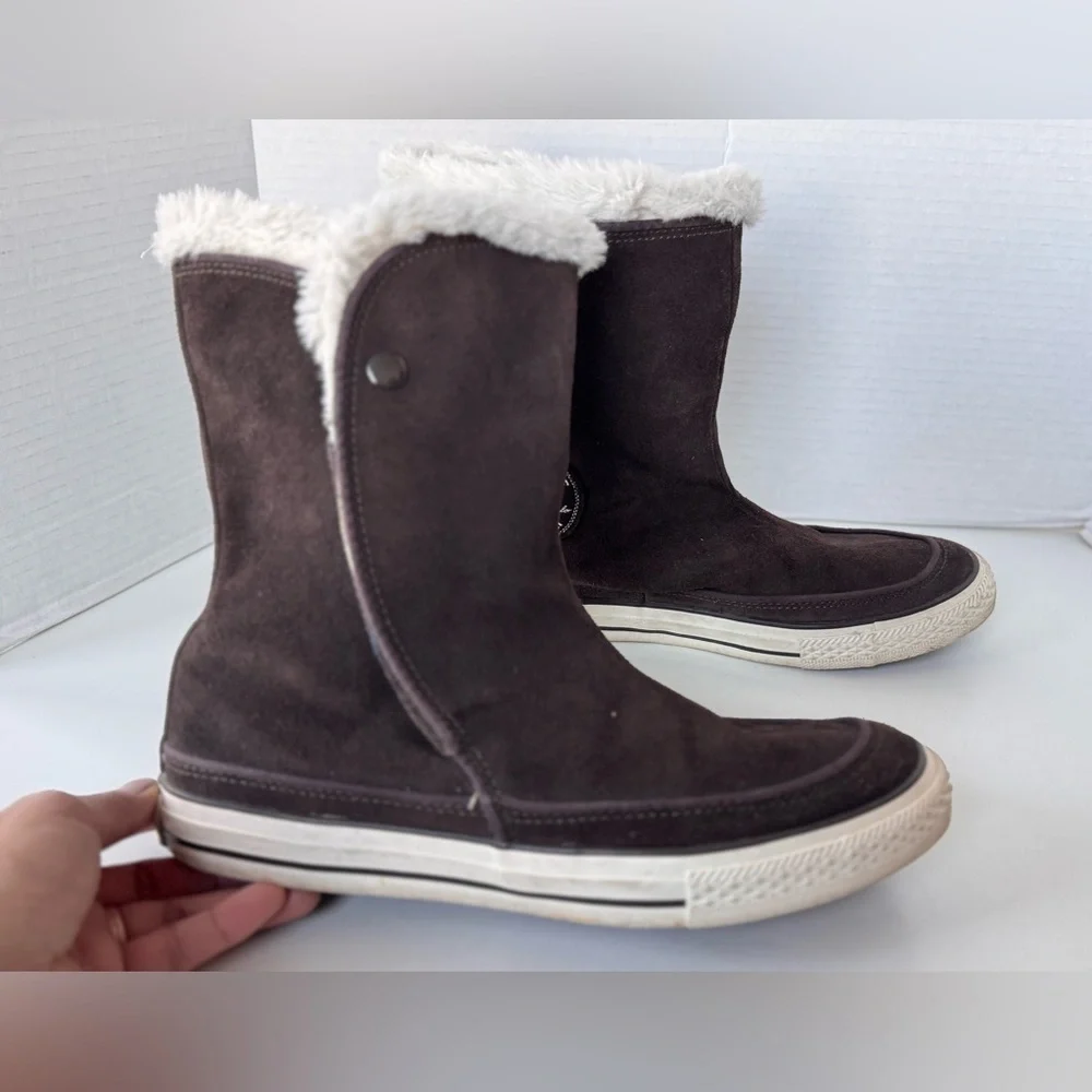 Converse All Star Boots Brown Leather Suede Faux Fur Lined Warm Women’s Size 9
